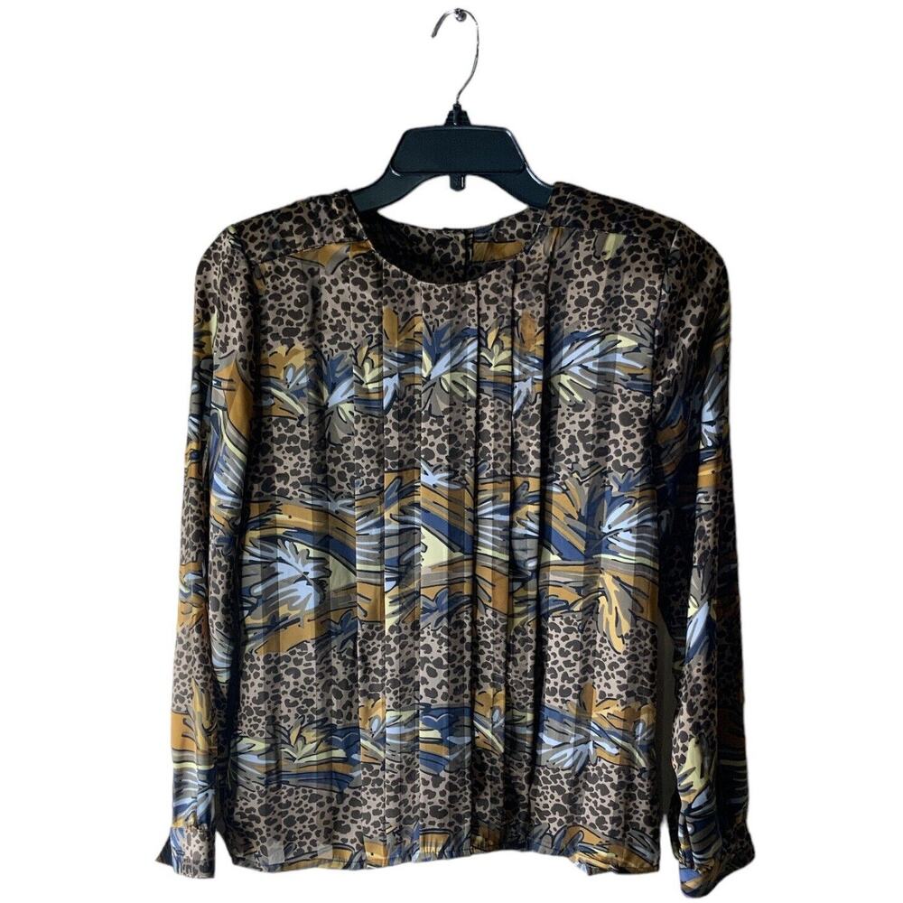Nicola Vintage Blouse Womens 12 Safari Animal Print Pleated Shirt Top
